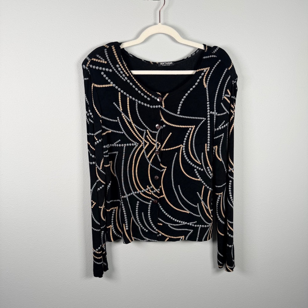 Softwear by Mark Singer Womens Medium Black Abstract Pearl Bead Print Cardigan